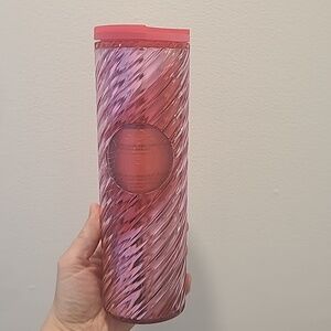 Starbucks 2022 Holiday Candy Cane Swirl Acrylic Tumbler 16oz Travel Mug Pink